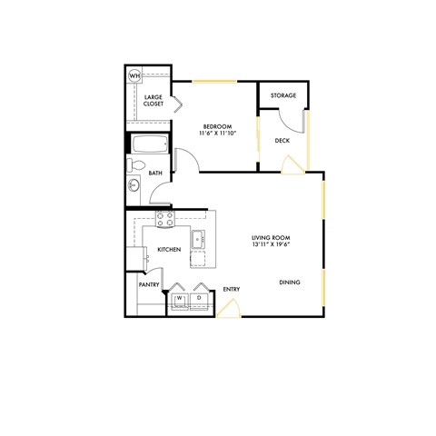 Floor plan for 1 bed, 1 bath, 735 sqft